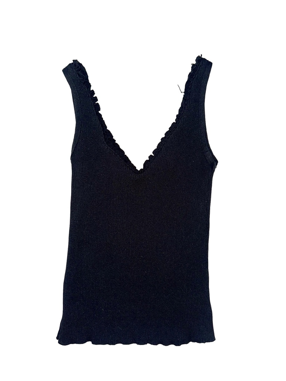 Vintage XOXO Black ribbed knit tank top with ruffled neckline and hem